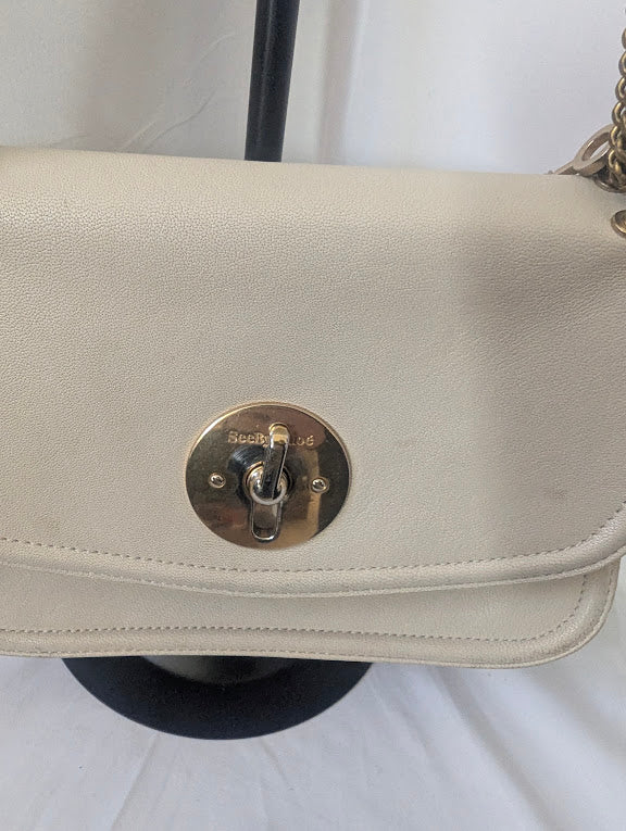 Chloe SeeBy Beige Leather Gold Chain Shoulder Bag