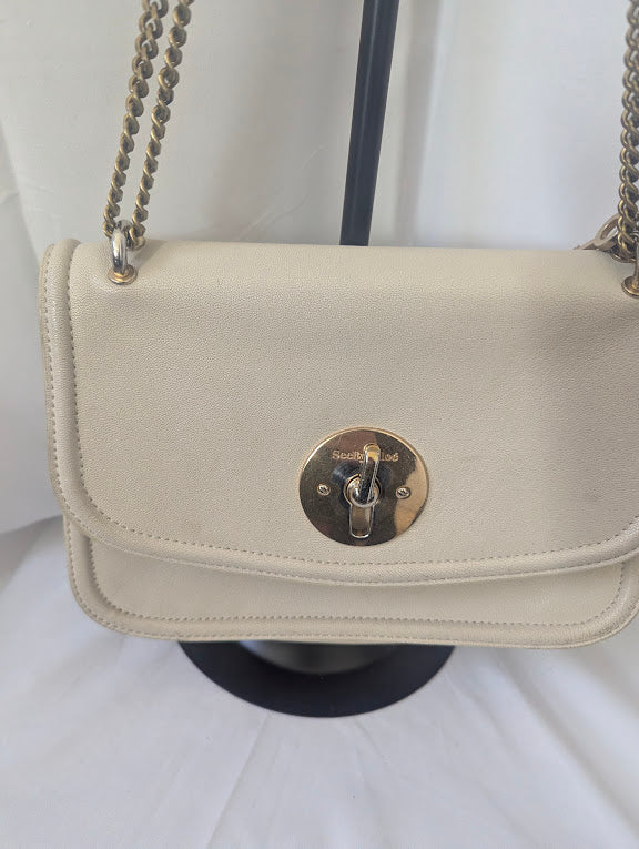 Chloe SeeBy Beige Leather Gold Chain Shoulder Bag