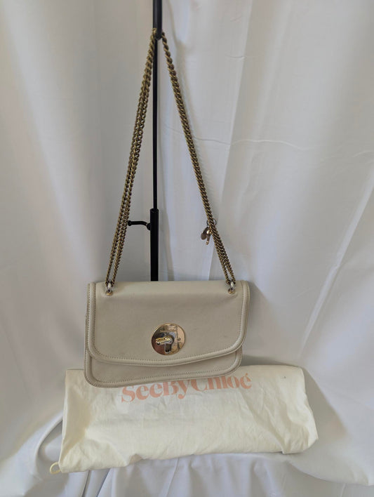 Chloe SeeBy Beige Leather Gold Chain Shoulder Bag
