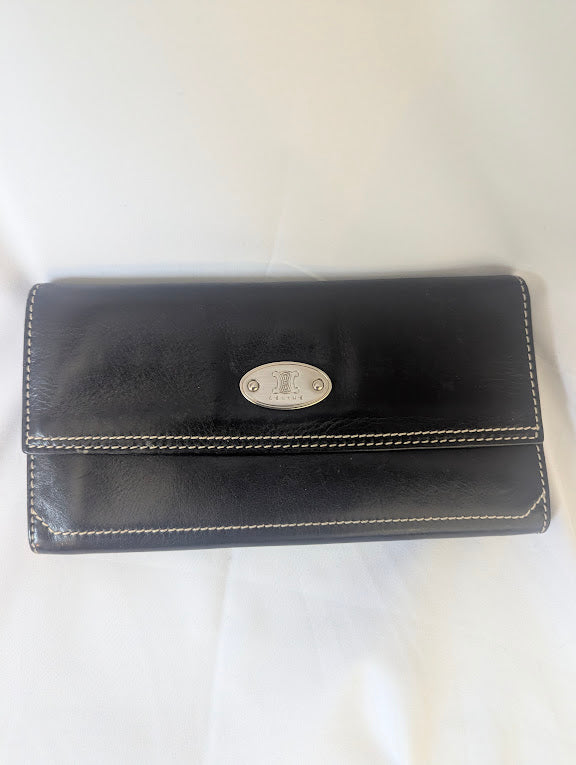 Celine Black Leather with Beige Stitching Long Wallet