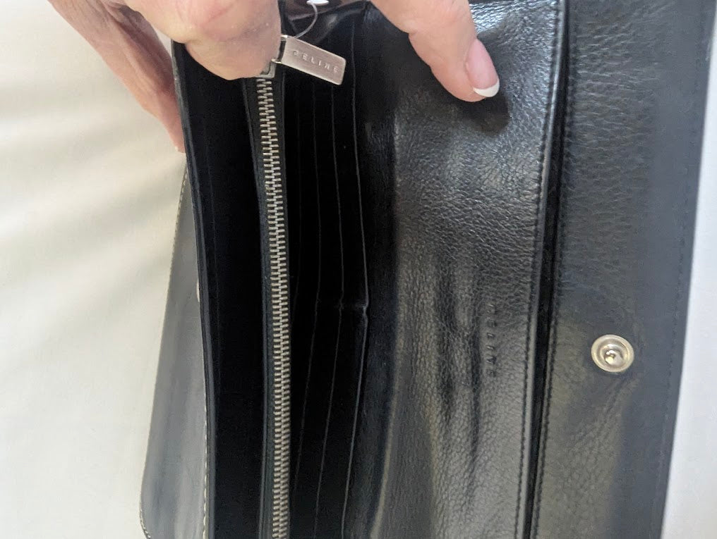 Celine Black Leather with Beige Stitching Long Wallet