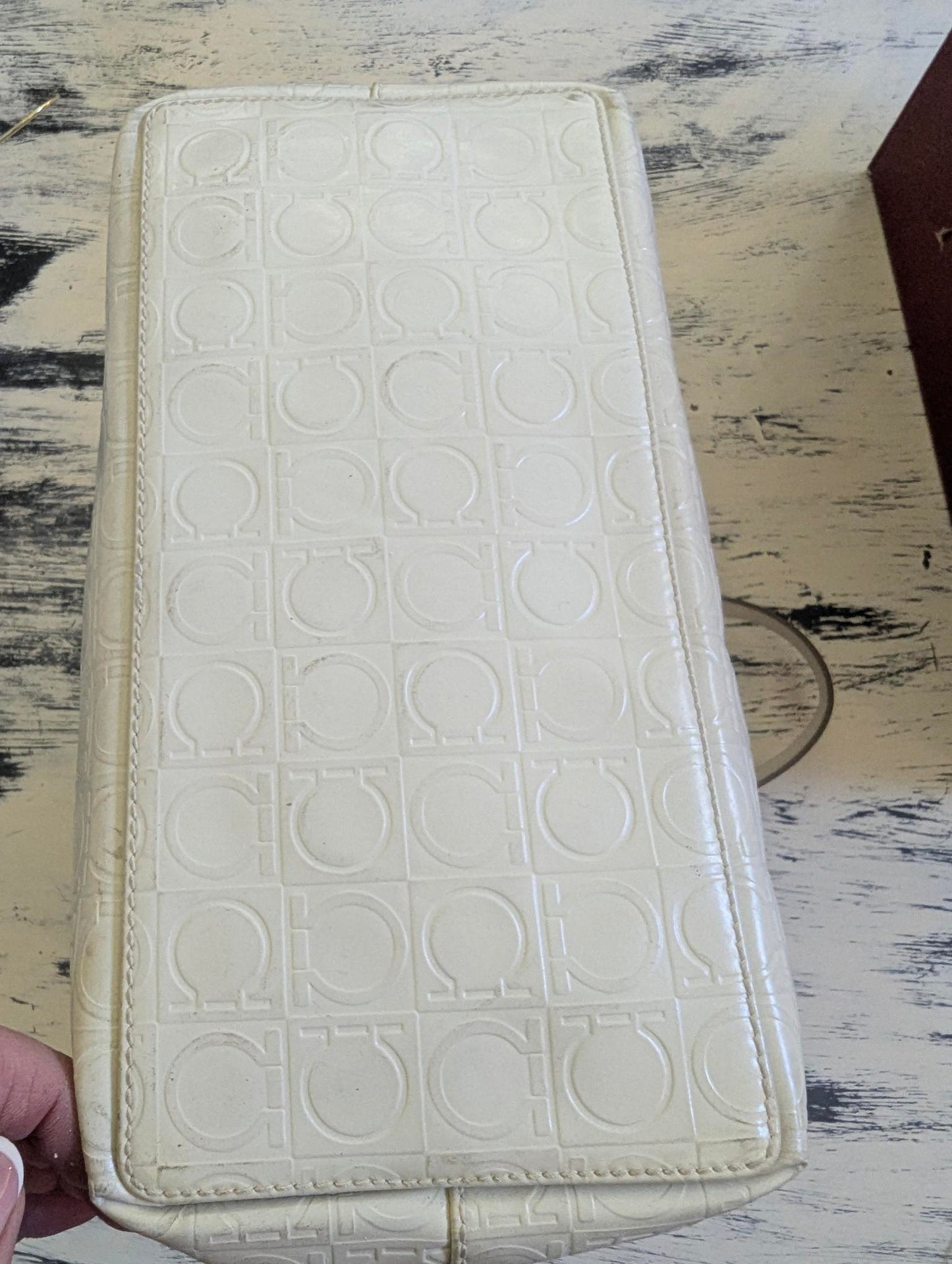 Ferragamo Gancini Ivory Leather Embossed Tote