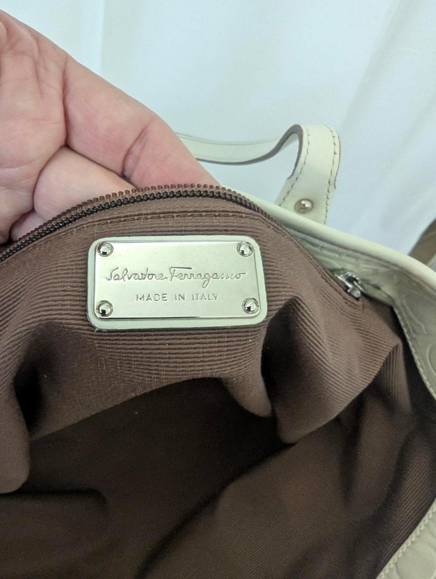 Ferragamo Gancini Ivory Leather Embossed Tote