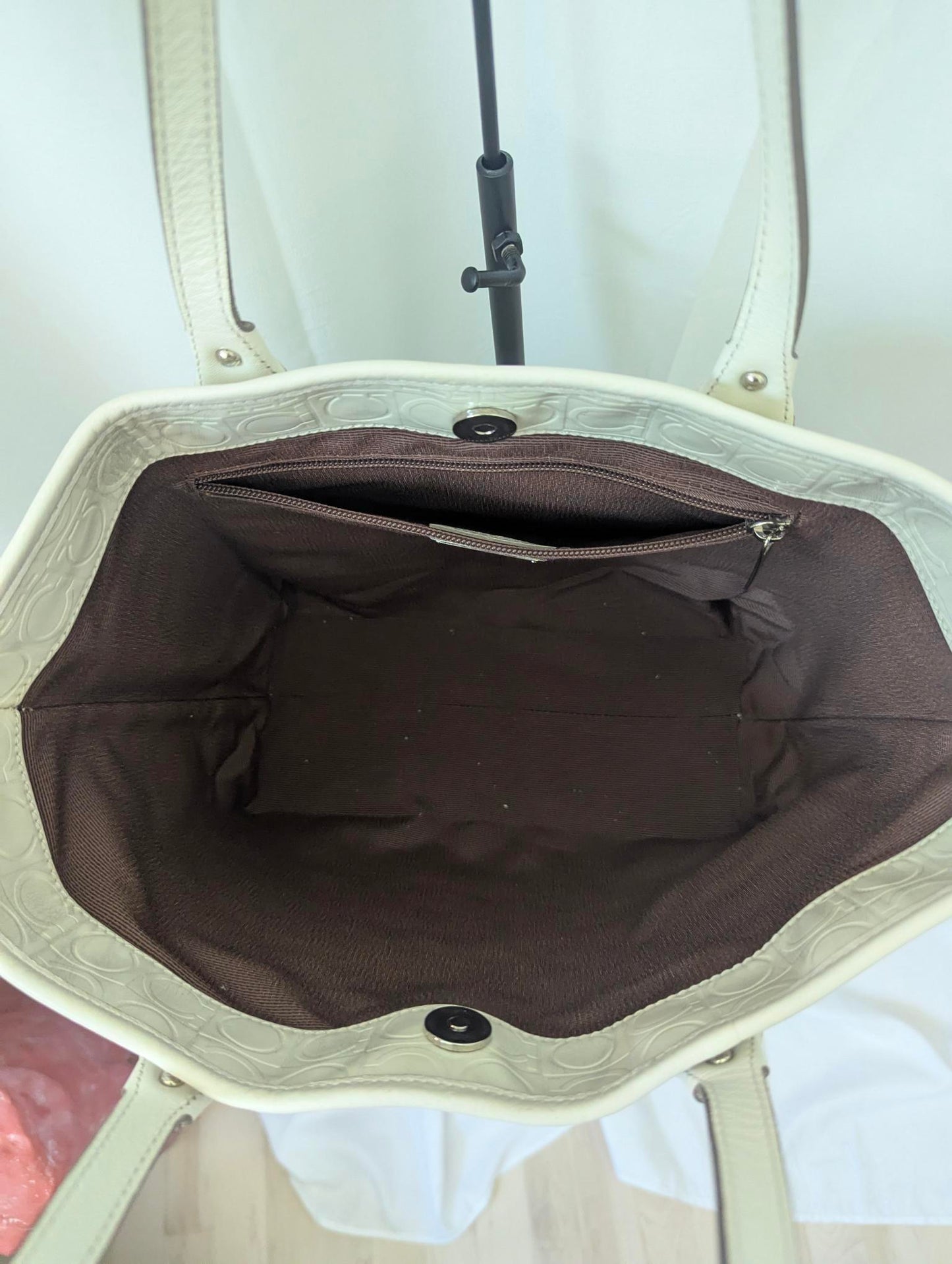 Ferragamo Gancini Ivory Leather Embossed Tote