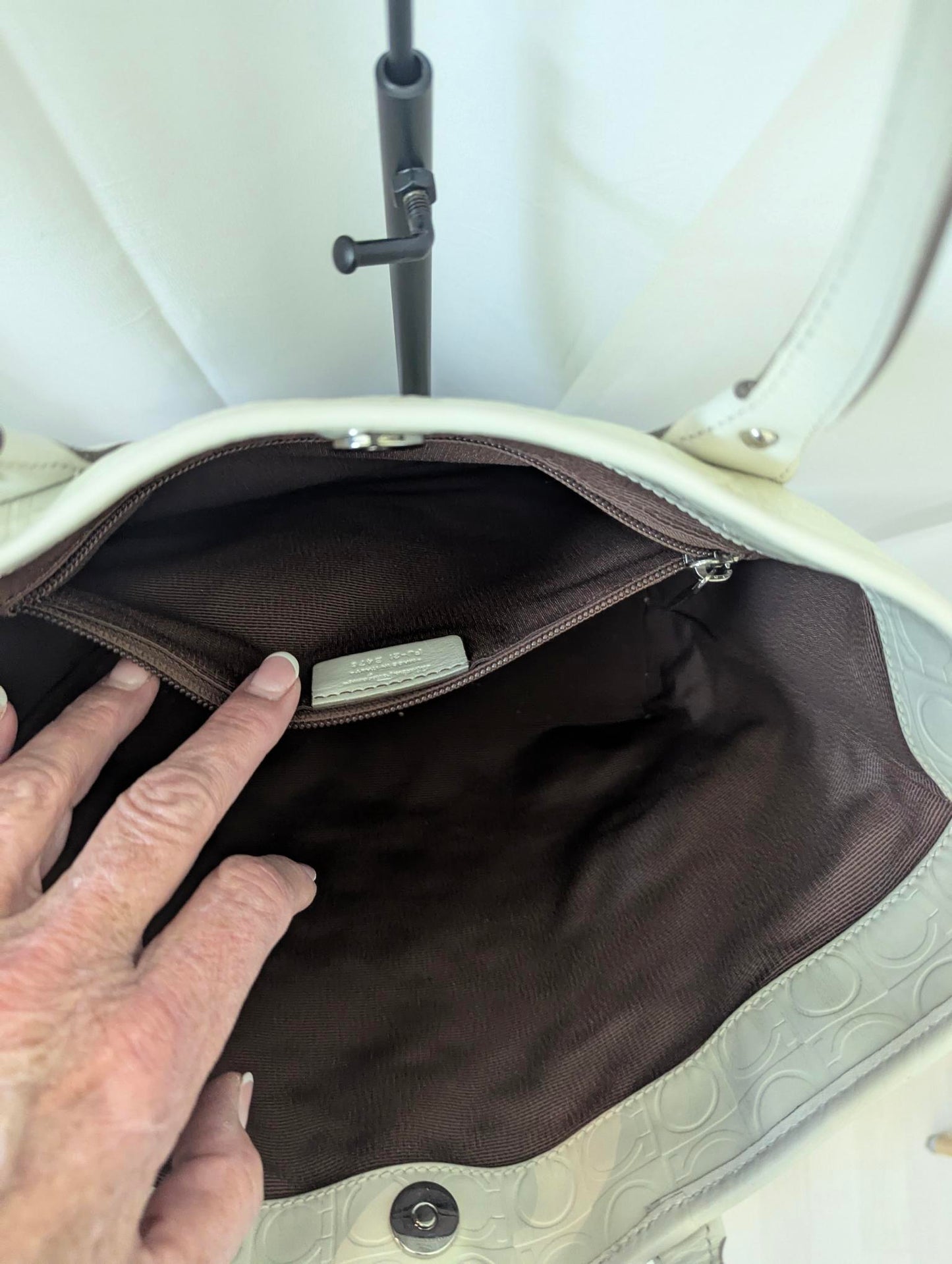 Ferragamo Gancini Ivory Leather Embossed Tote