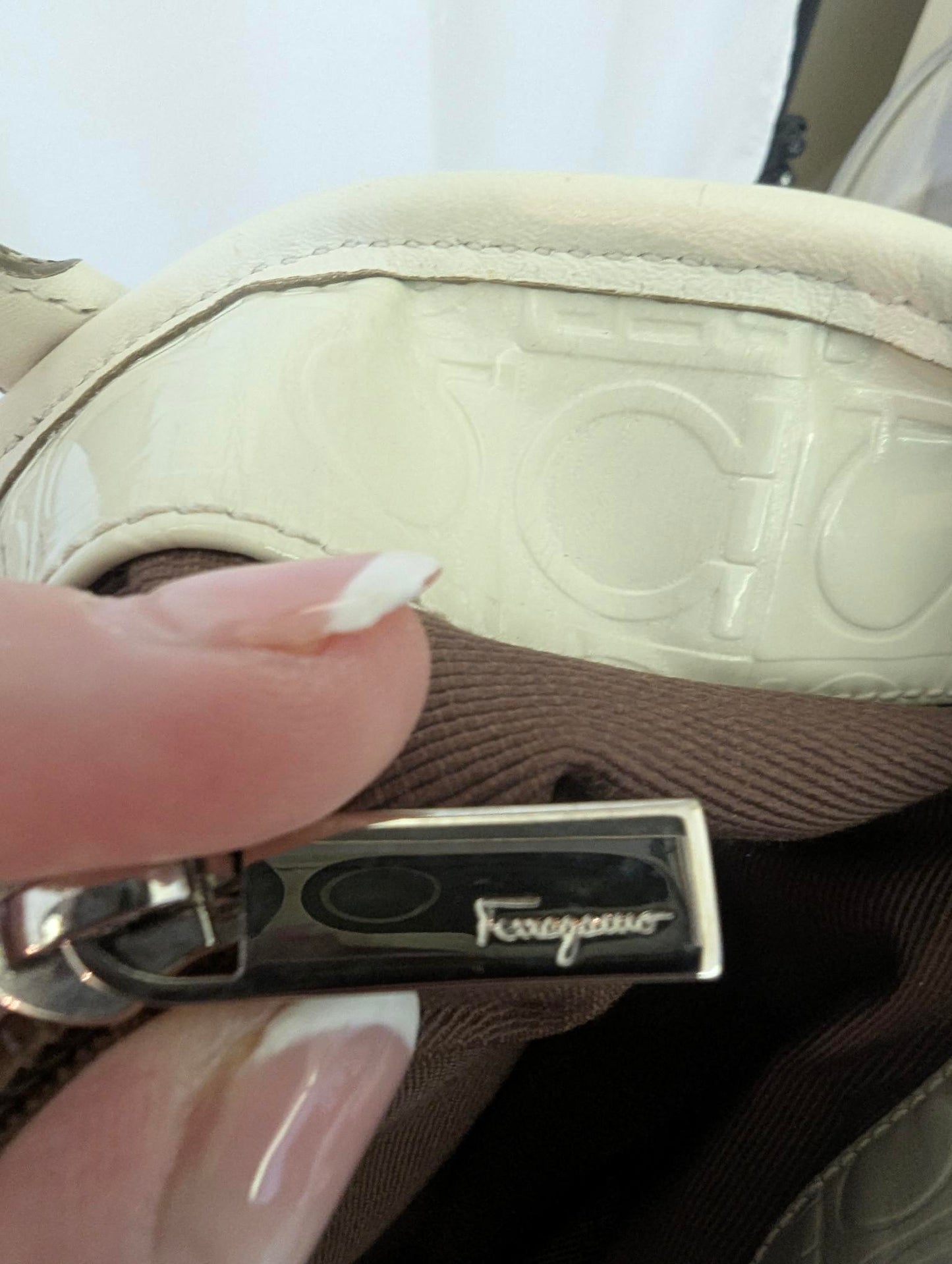 Ferragamo Gancini Ivory Leather Embossed Tote