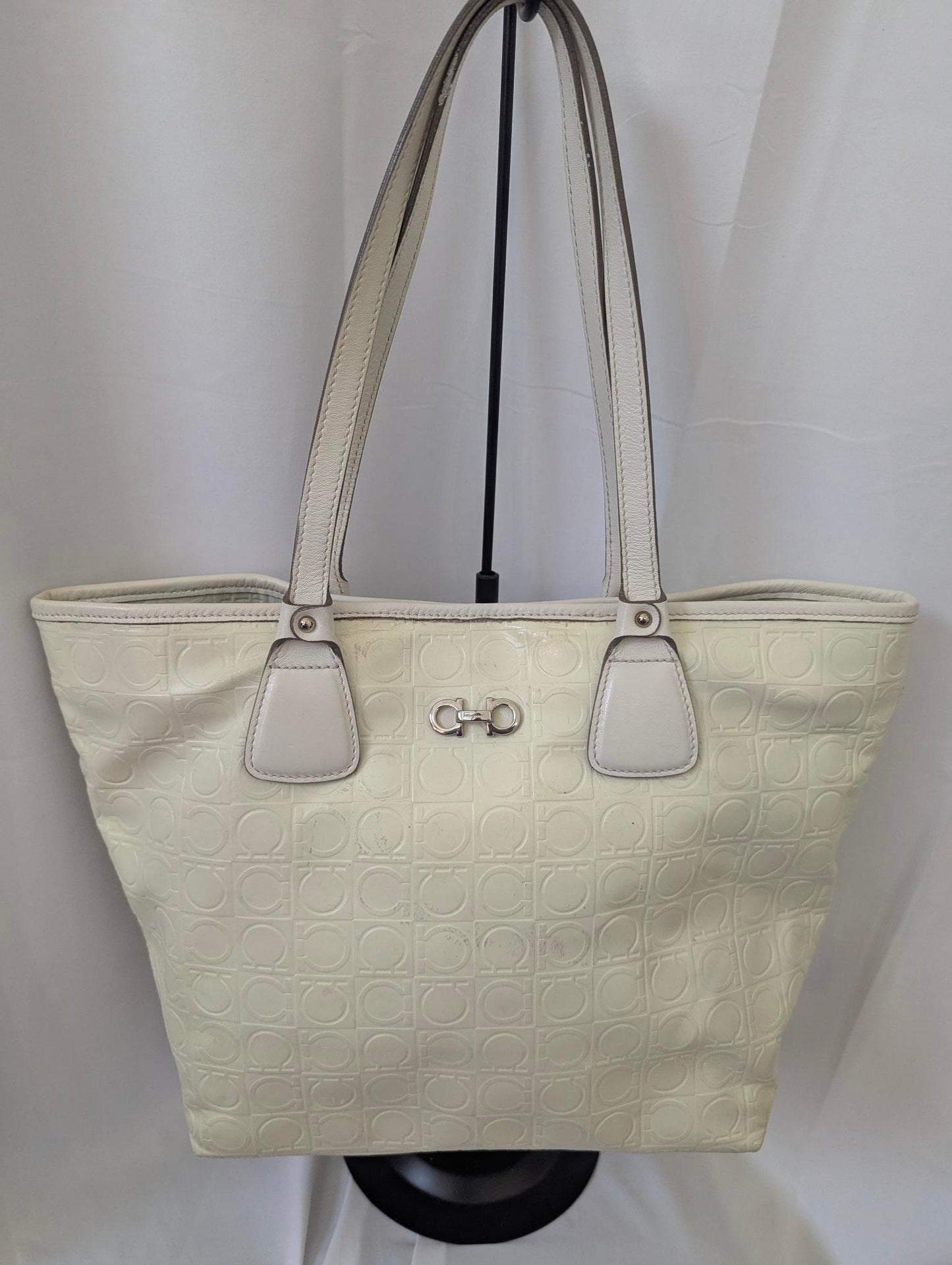 Ferragamo Gancini Ivory Leather Embossed Tote