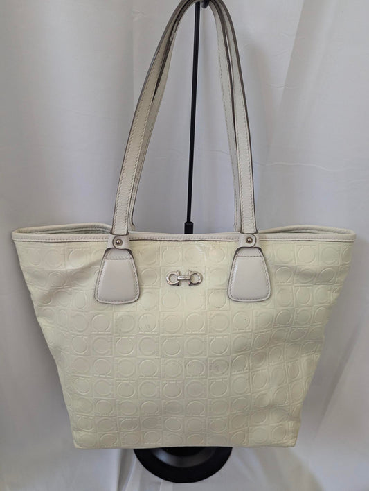 Ferragamo Gancini Ivory Leather Embossed Tote