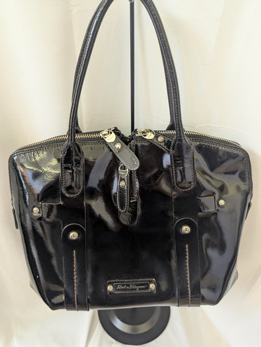 Ferragamo Black Patent Leather Handbag with Box
