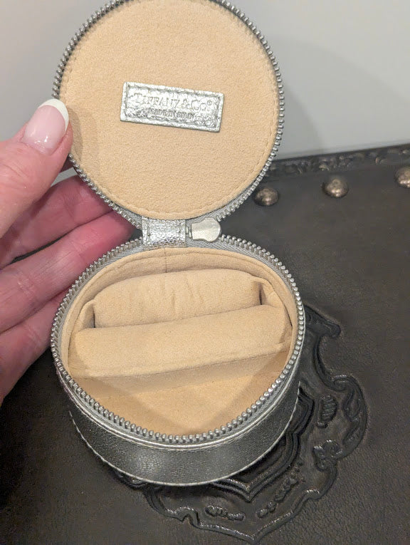 Tiffany Silver Leather Round Jewelry Pouch