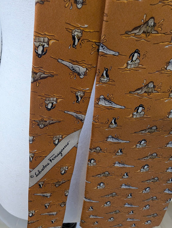 Ferragamo Orange Silk Seal and Penguin Men's Tie