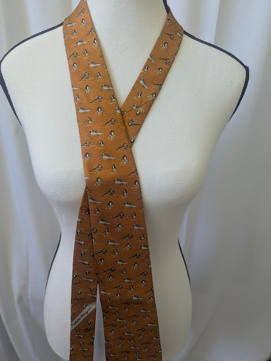 Ferragamo Orange Silk Seal and Penguin Men's Tie