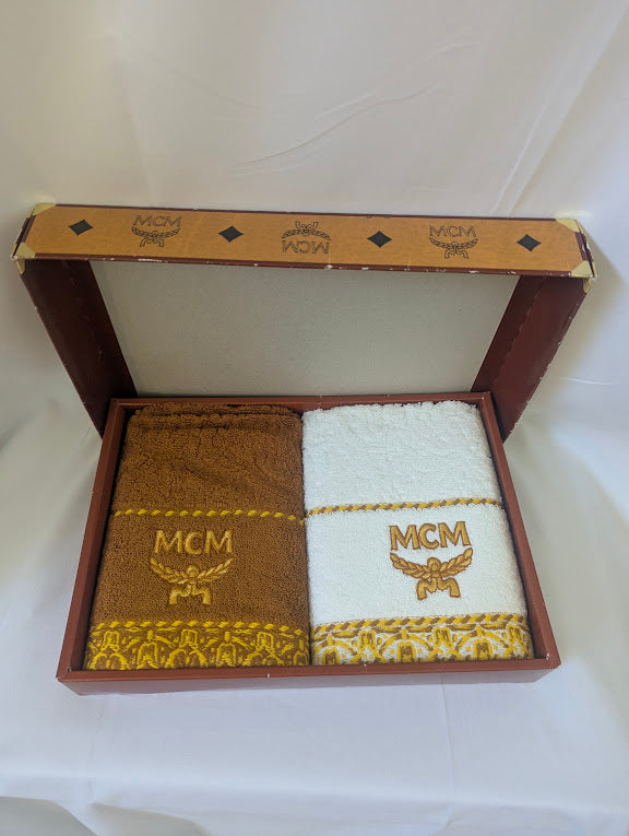 MCM White and Gold Hand Towel Set in Box