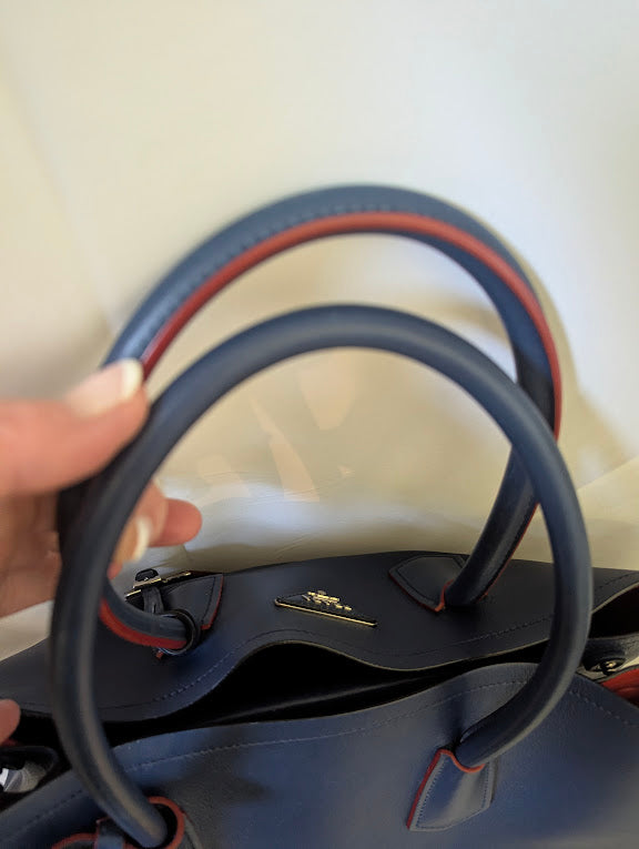 Prada Cuir Saffiano Double Tote Blue Leather Top Handle Large Bag