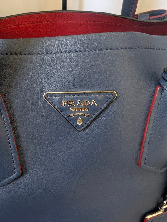Prada Cuir Saffiano Double Tote Blue Leather Top Handle Large Bag
