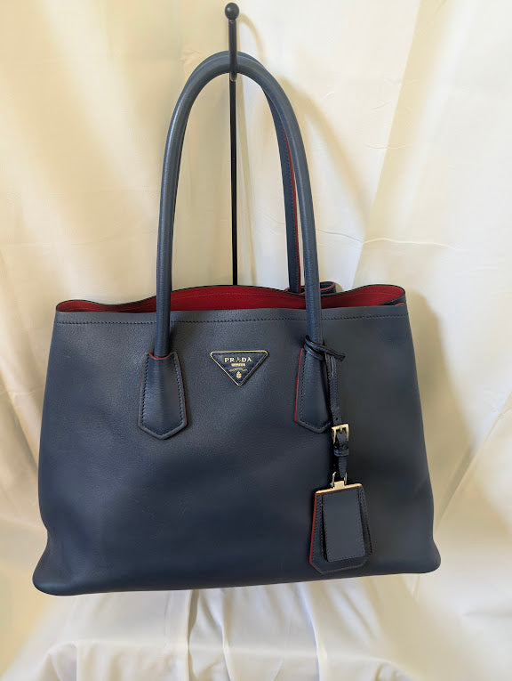 Prada Cuir Saffiano Double Tote Blue Leather Top Handle Large Bag