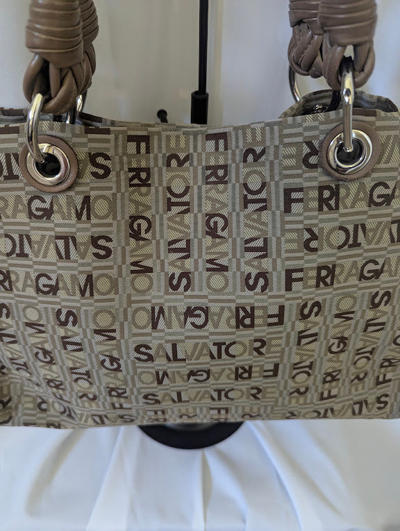 Ferragamo All Over Brown and Tan Pattern Shoulder Bag
