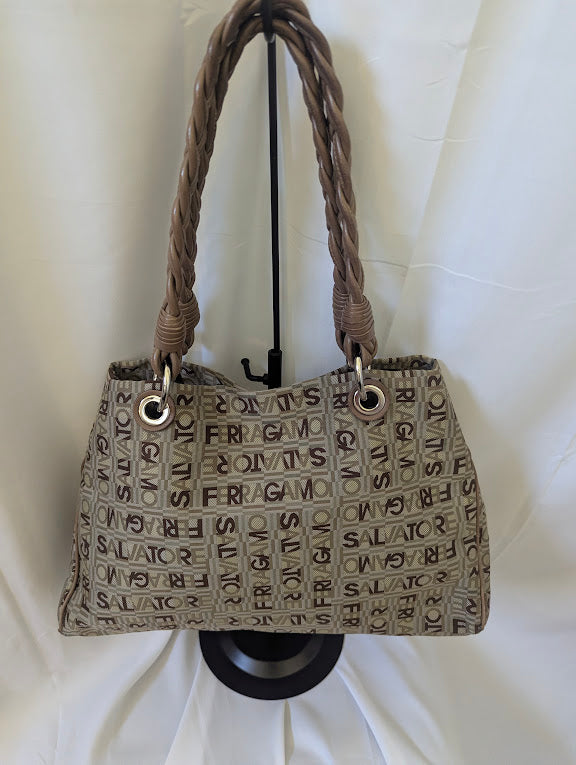 Ferragamo All Over Brown and Tan Pattern Shoulder Bag