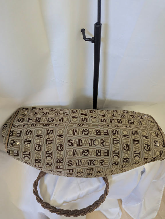 Ferragamo All Over Brown and Tan Pattern Shoulder Bag