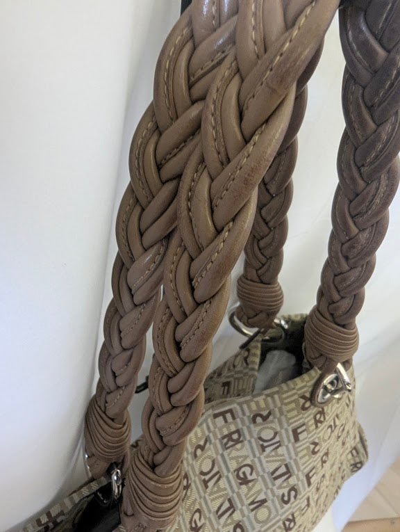 Ferragamo All Over Brown and Tan Pattern Shoulder Bag