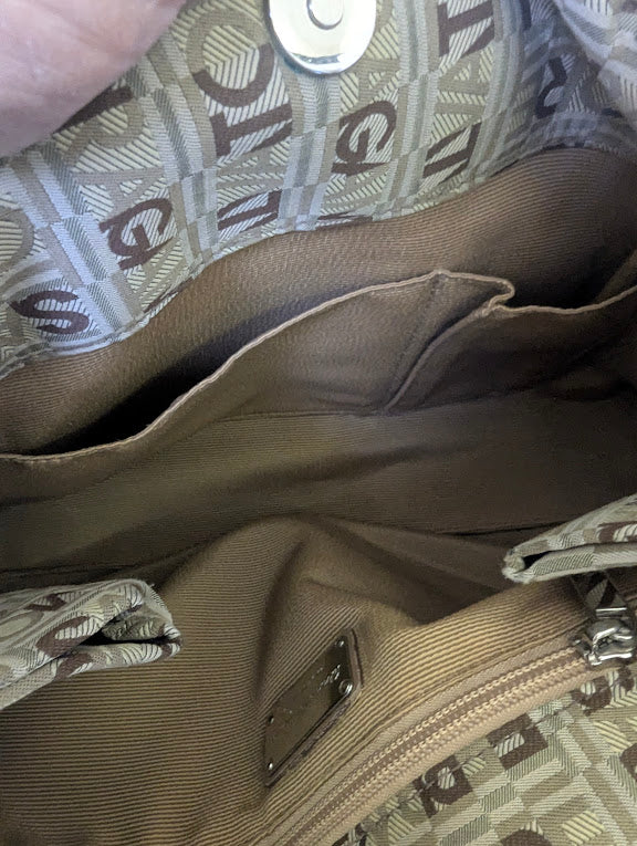 Ferragamo All Over Brown and Tan Pattern Shoulder Bag