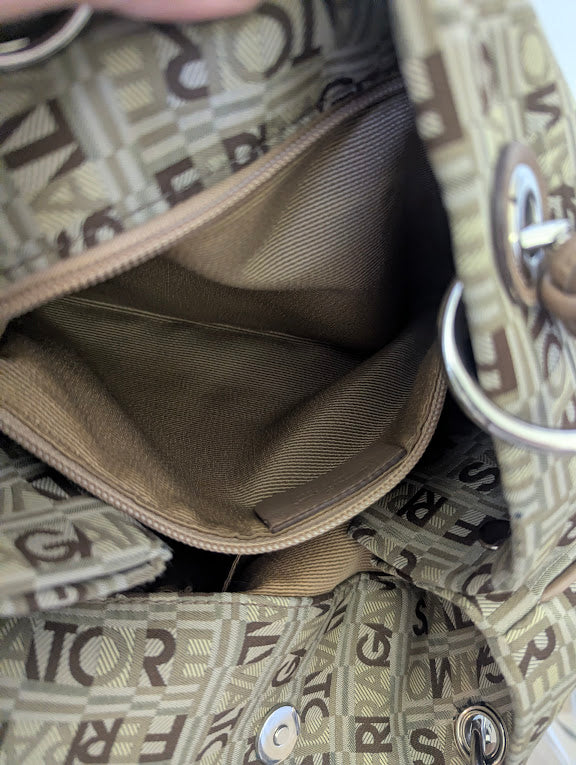 Ferragamo All Over Brown and Tan Pattern Shoulder Bag