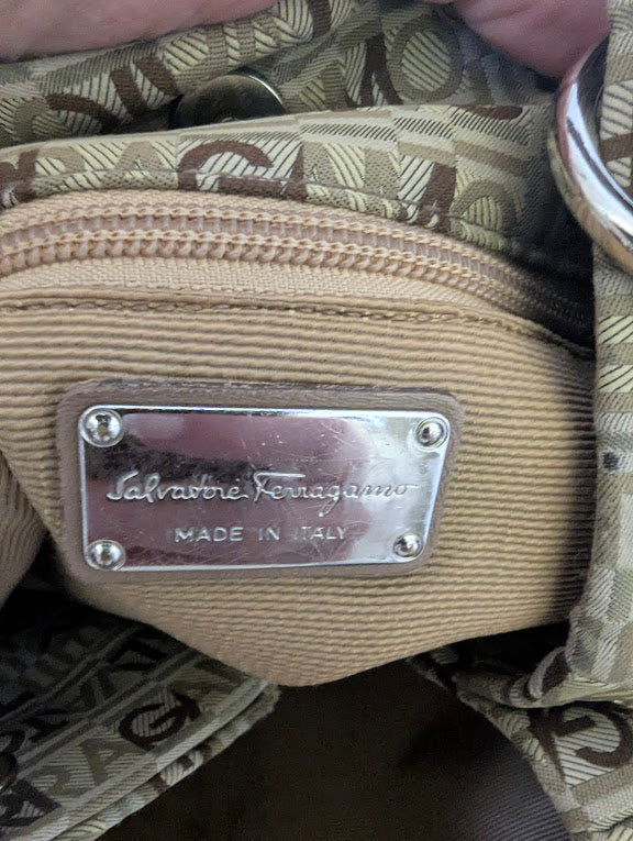 Ferragamo All Over Brown and Tan Pattern Shoulder Bag