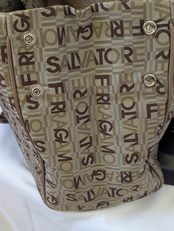 Ferragamo All Over Brown and Tan Pattern Shoulder Bag