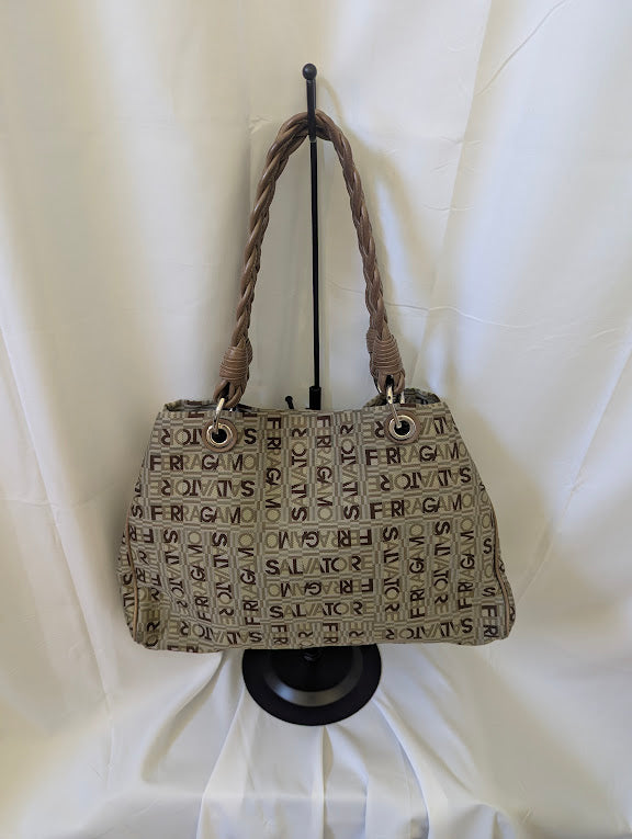 Ferragamo All Over Brown and Tan Pattern Shoulder Bag