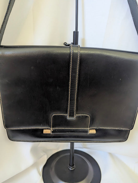 Loewe Black Leather Handbag or Shoulder Bag with Tan Stitching and Gold Accent