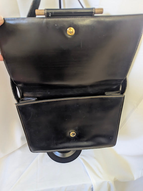 Loewe Black Leather Handbag or Shoulder Bag with Tan Stitching and Gold Accent