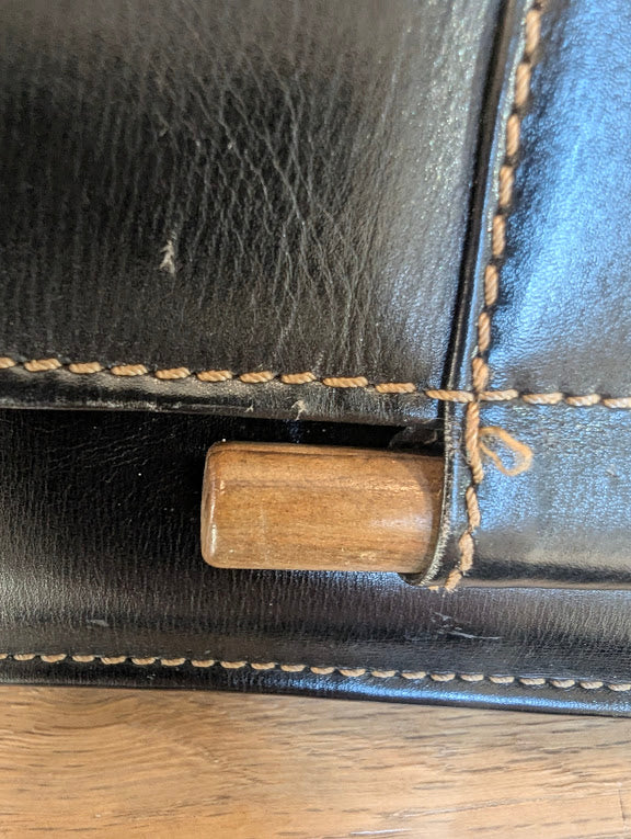 Loewe Black Leather Handbag or Shoulder Bag with Tan Stitching and Gold Accent