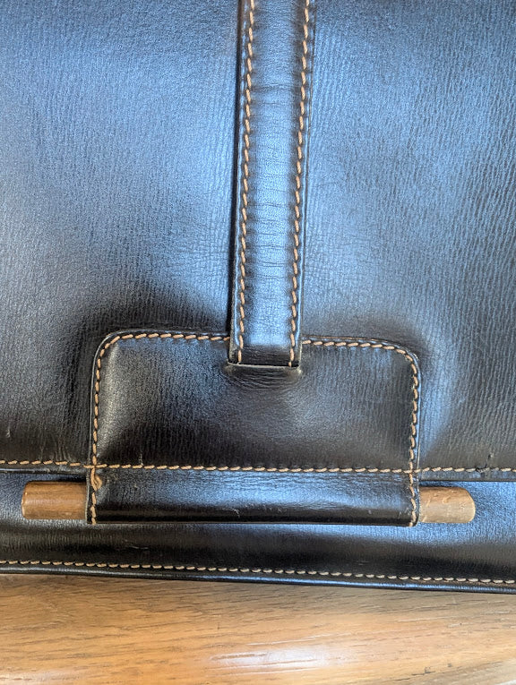 Loewe Black Leather Handbag or Shoulder Bag with Tan Stitching and Gold Accent