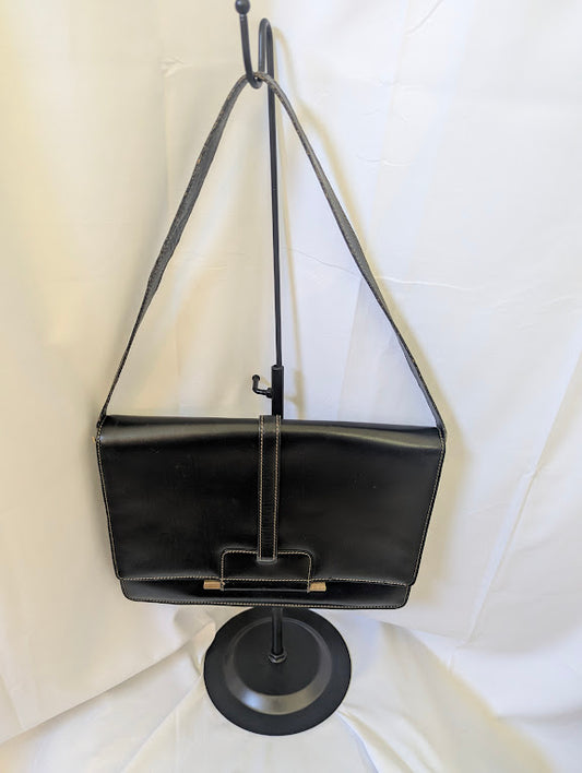 Loewe Black Leather Handbag or Shoulder Bag with Tan Stitching and Gold Accent