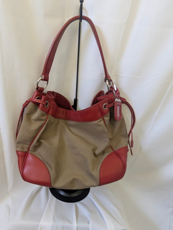 Prada Canapa Logo Jacquard Hobo Bag with Red Leather