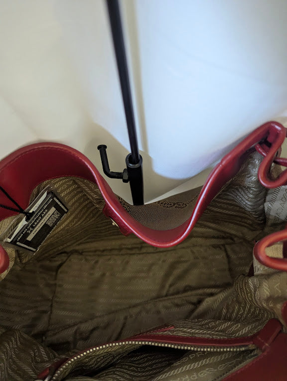 Prada Canapa Logo Jacquard Hobo Bag with Red Leather