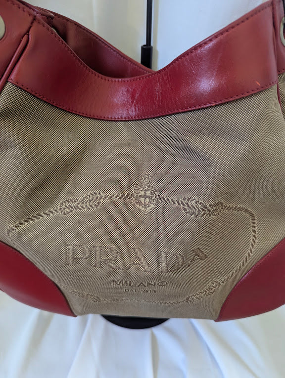 Prada Canapa Logo Jacquard Hobo Bag with Red Leather