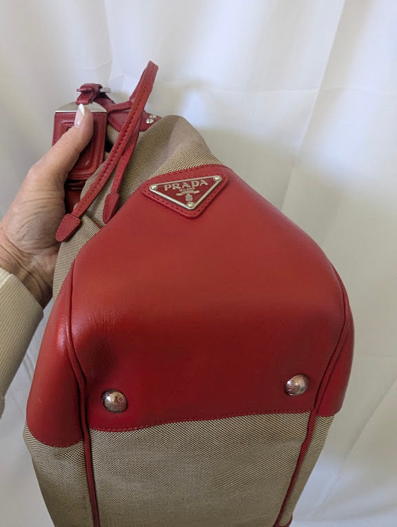 Prada Canapa Logo Jacquard Hobo Bag with Red Leather