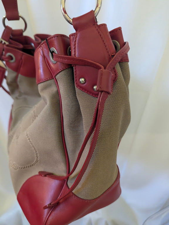 Prada Canapa Logo Jacquard Hobo Bag with Red Leather