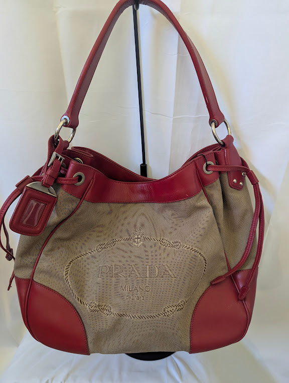 Prada Canapa Logo Jacquard Hobo Bag with Red Leather