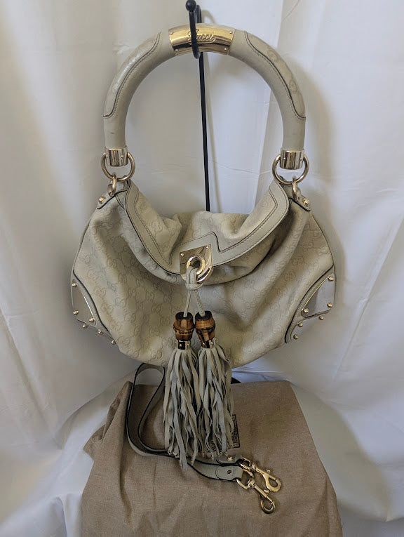 Gucci GG Indy Hobo Ivory Bamboo with Tassels Medium