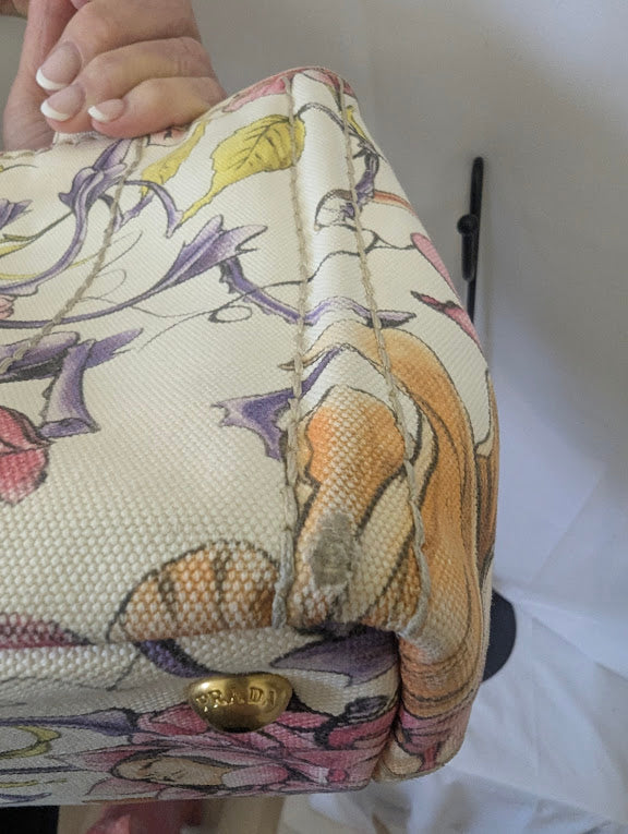 Prada Beige Floral Canapa with Crossbody Strap