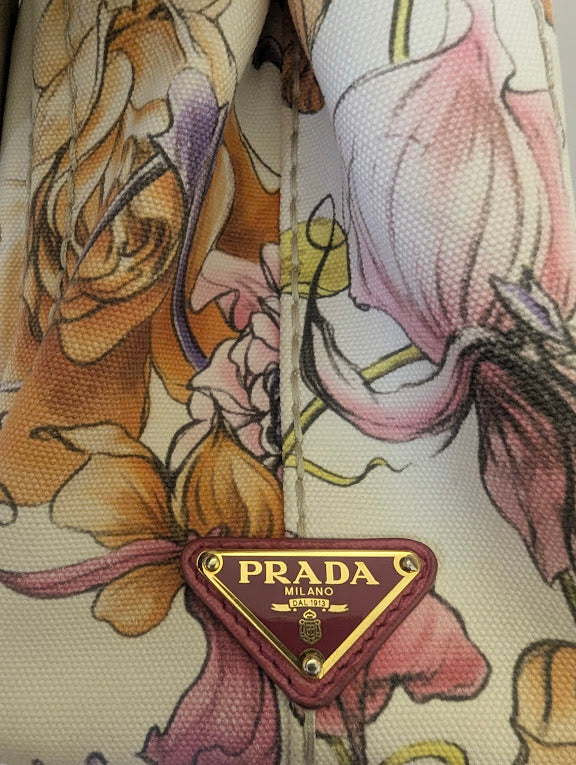 Prada Beige Floral Canapa with Crossbody Strap