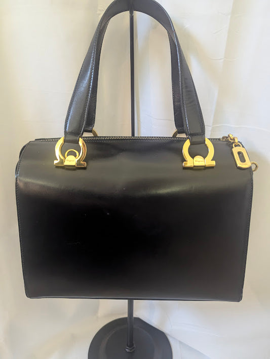 Ferragamo Gancini Black Boston Handbag with Gold Hardware