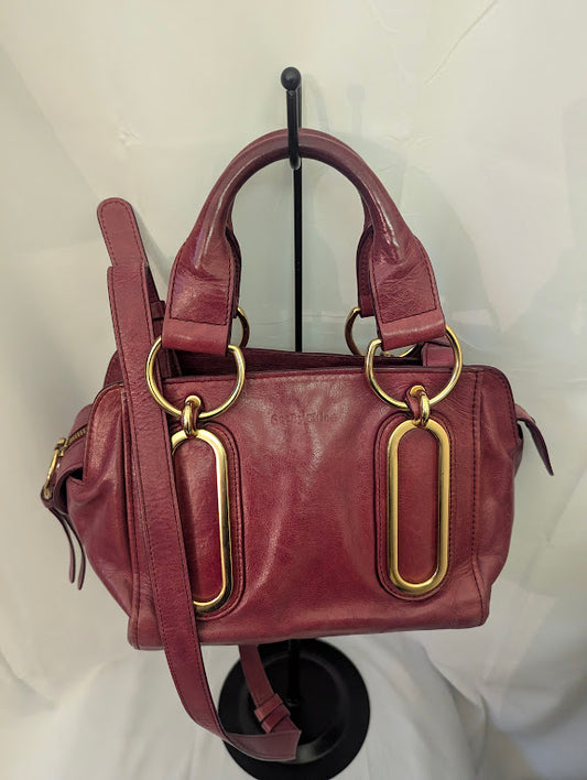 Chloe Dark Pink Leather Gold Hardware Handbag with Crossbody Strap