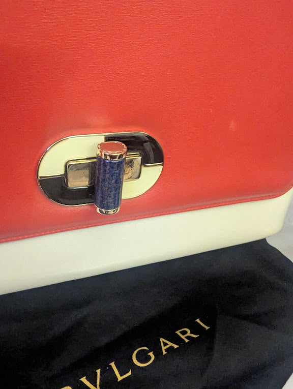 Bvlgari Orange Ivory Leather with Black Back Pocket Shoulder Bag Purple Stone Turn Clasp