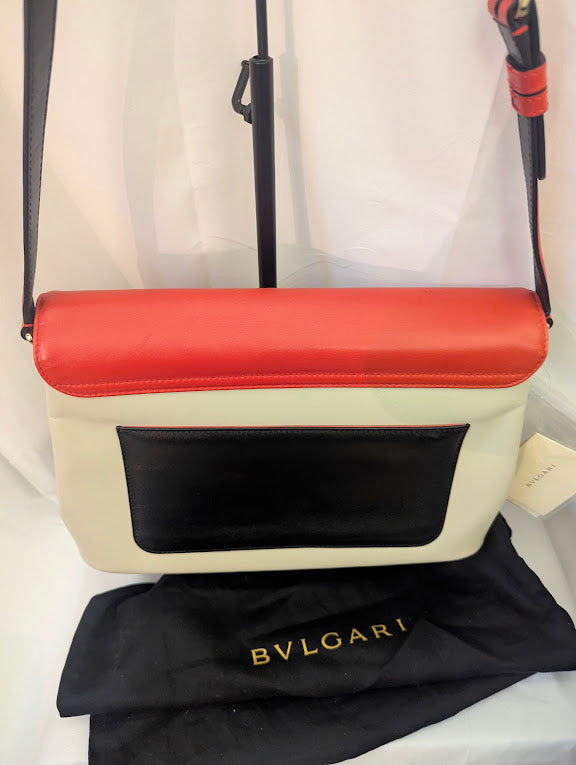 Bvlgari Orange Ivory Leather with Black Back Pocket Shoulder Bag Purple Stone Turn Clasp