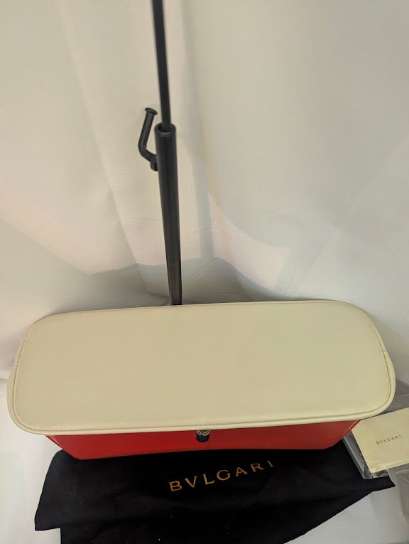 Bvlgari Orange Ivory Leather with Black Back Pocket Shoulder Bag Purple Stone Turn Clasp