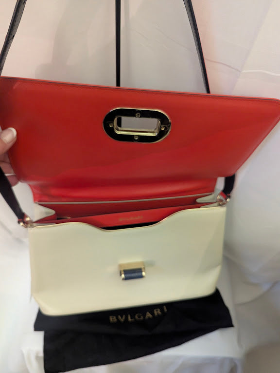 Bvlgari Orange Ivory Leather with Black Back Pocket Shoulder Bag Purple Stone Turn Clasp