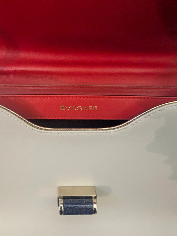 Bvlgari Orange Ivory Leather with Black Back Pocket Shoulder Bag Purple Stone Turn Clasp